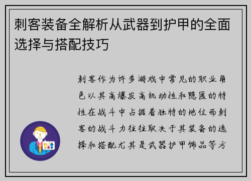 刺客装备全解析从武器到护甲的全面选择与搭配技巧
