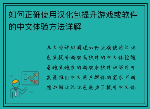 如何正确使用汉化包提升游戏或软件的中文体验方法详解